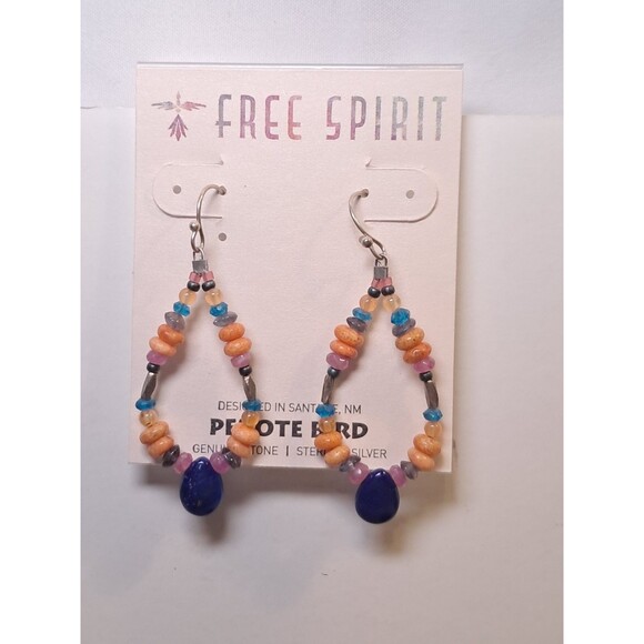 Peyote Bird Teardrop Shaped Multicolor Gemstone Earrings 2" Silver Hook NWT - Picture 1 of 6